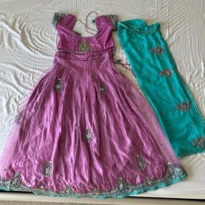 Pink & blue net lehenga with chiffon dupatta